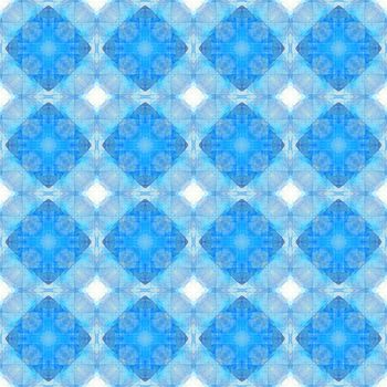 A seamless pattern of complex tiles in various shades of blue with squares and crosses
