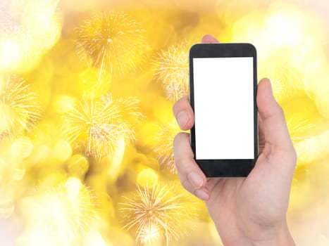 Male hand holding a mobile phone with touch blank white screen on bokeh lights and sparkle background.