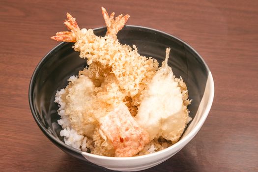 Tempura with rice in a bowl, Japanese food