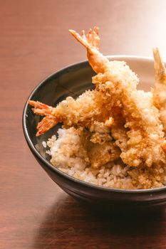 Tempura with rice in a bowl, Japanese food