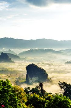 Landscape of sunshine on the morning mist at Phu Lang Ka, Phayao, Thailand