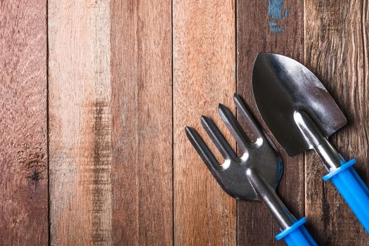 Top view of  Garden tools on wooden table background. Free space for text