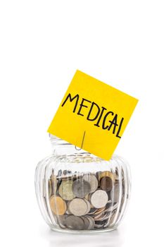 Coins in glass bottle on white background, saving money for Medical