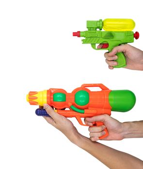 Hands holding Gun water toy on white background.