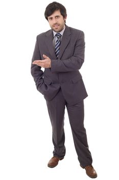 Handsome businessman with arm out in a showing gesture, isolated on white