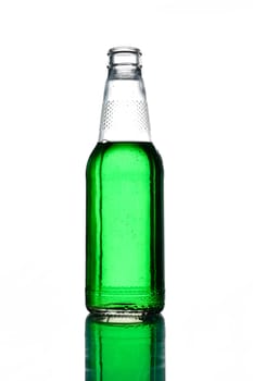 Bottle of green liquid isolated on white background