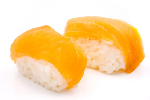 Sushi, japanese food, rice with salmon on white background.