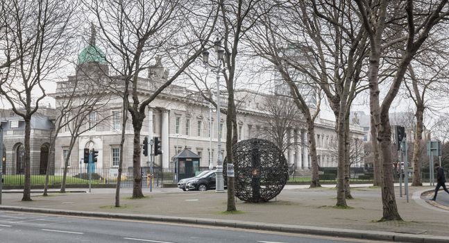 Dublin, Ireland - February 12, 2019: Architectural detail of The Custom House which houses the Department of Housing, Planning and Local Government, Department of Culture, Heritage, and the Gaeltacht