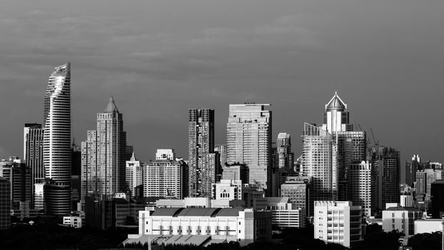 Modern building in business district at Bangkok city, Thailand. Black and White tone