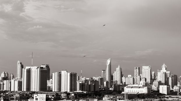 Modern building in business district at Bangkok city, Thailand. Black and White tone