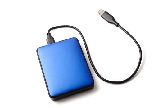 External hard disk drive with cable on a white background.