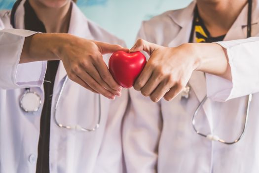Two doctors holding red heart, health care concept.