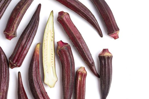 Fresh Red okra on white background.