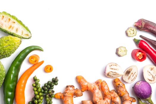 Group of fresh vegetables and herbs on white background. Free space for text