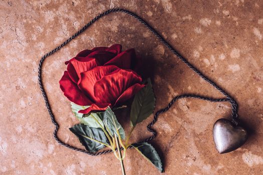 Red rose with silver heart necklace on brown grunge board background. Concept of Valentine Day.