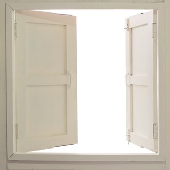 Opened wooden window on white background