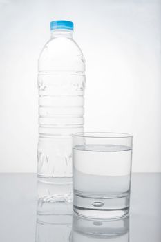 water in plastic bottle with glass