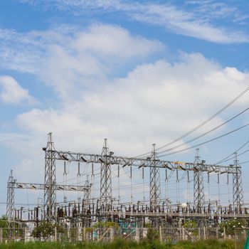 Electricity station, Electricity plant landscape over blue sky