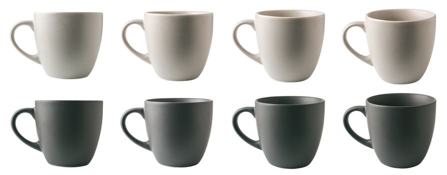 Light gray and dark gray cups in different angles set, isolated on white bacground with clipping path. Modern matte ceramic or porcelain empty cups, light mole gray and dark grey