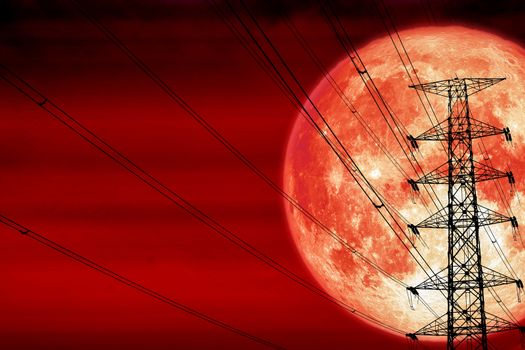 blood moon back silhouette power electric pole and electric line sky, Elements of this image furnished by NASA