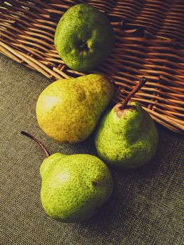 Organic pears on rustic linen background, fruits farming and agriculture