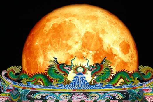 super snow moon back top gate roof of dragon night sky, Elements of this image furnished by NASA