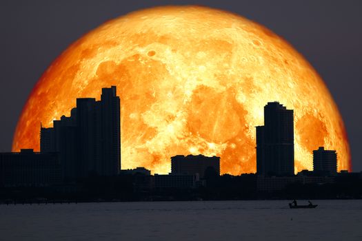 super snow moon back silhouette building of pattaya city, Elements of this image furnished by NASA