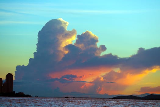 sunset on sea flame cloud cold collide on sky silhouette islands