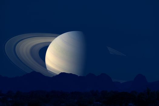 saturn back  silhouette mountain on cloud and night sky, Elements of this image furnished by NASA