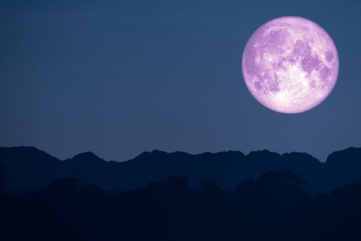 flower pink moon back on silhouette mountain on night sky, Elements of this image furnished by NASA