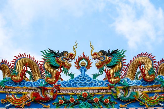 double dragon on roof of chinese temple gate and blue sky background