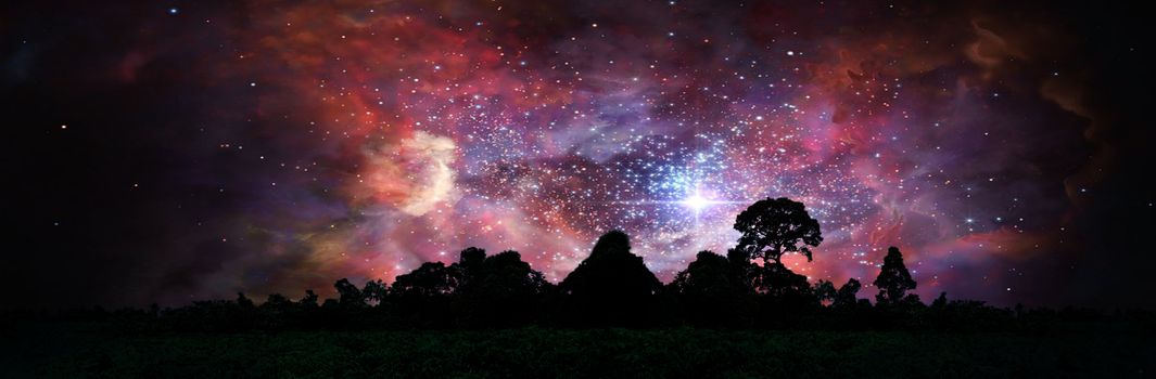 panorama blur ancient stardust nebula back on night cloud sunset sky over silhouette forest, Elements of this image furnished by NASA