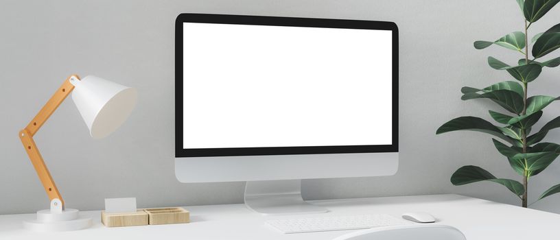Workspace with mockup blank screen computer. 3D Rendering.