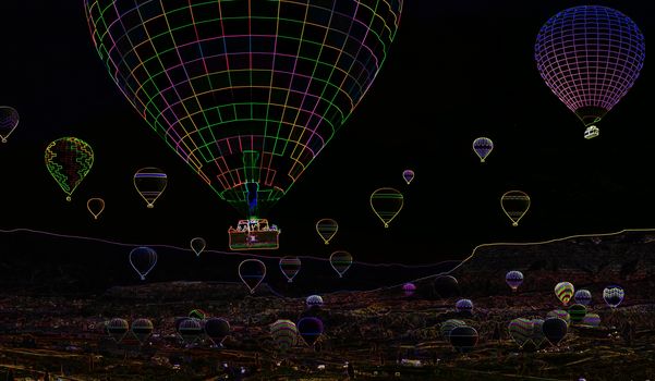 Hot air balloons landing in a mountain Infrared neon Illustrations concept