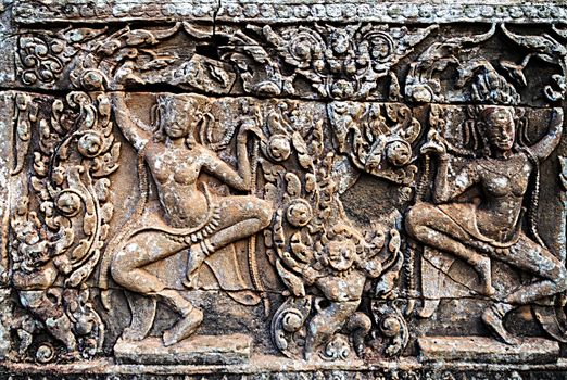 Decoration carving art Apsara Khmer dance carved stone Siem Reap, Cambodia.