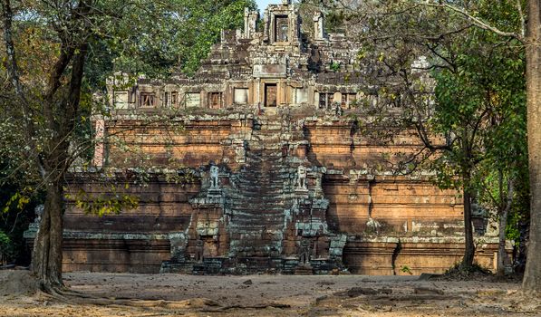 Temple Phimeanakas in jungle Angkor archeological park, old ruin stone wall of Angkor wat complex Siem Reap UNESCO World Heritage Site Cambodia.