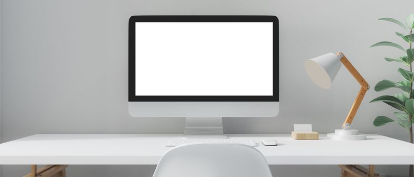 Workspace with mockup blank screen computer. 3D Rendering.