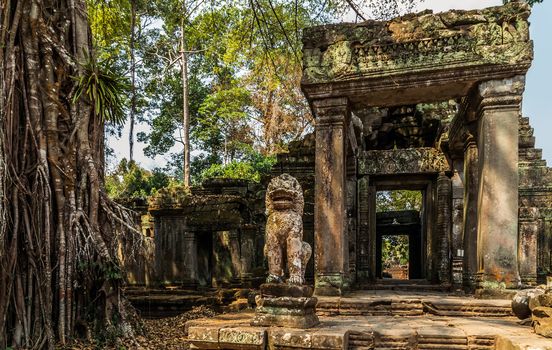 Ancient temple old ruin stone wall of Angkor wat Lost Khmer city in the jungle Siem Reap UNESCO World Heritage Site Cambodia.