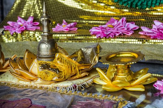 Beautiful lotus flowers. Gold Lotus. Flower sacred lotus symbol of Interior buddhist temple India.