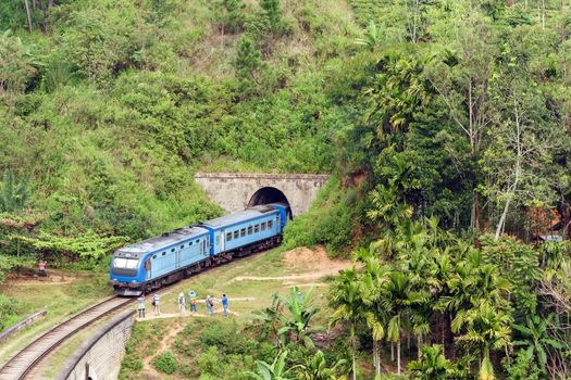 Trains pass in tunnel Demodara in Sri Lanka