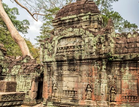Ancient temple old ruin stone wall of Angkor wat Lost Khmer city in the jungle Siem Reap UNESCO World Heritage Site Cambodia.