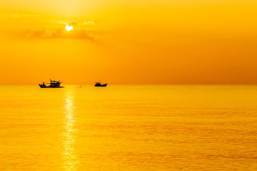 Landscape Sunset sunrise in the sea, Fishing Boat