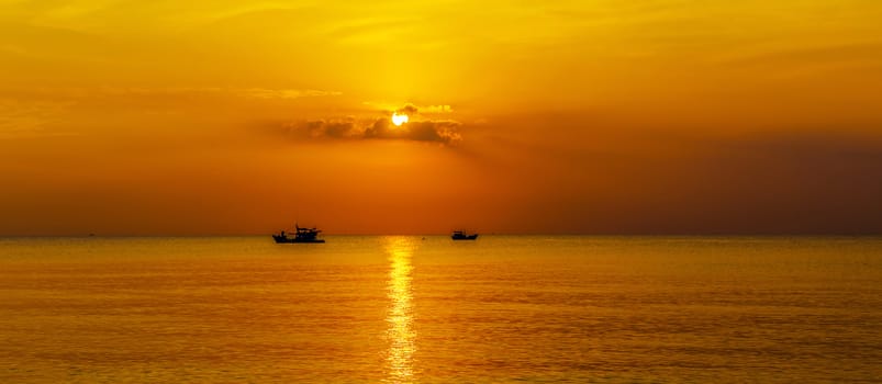 Landscape Sunset sunrise in the sea, Fishing Boat.