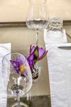 Empty Glasses Restaurant Interior water lily flower pink lotus.