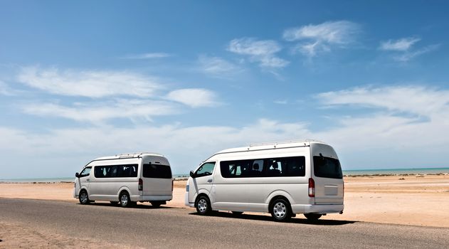 Bus white Car Pick-up rental parking desert. journey traveling road travel concept landscape.