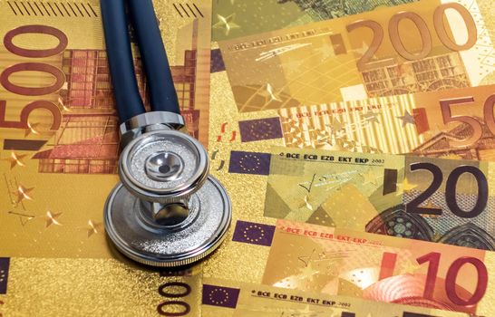 Sprague Rappaport Stethoscope in background of all euro bills europa economy quarantine