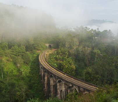 Railroad Nine Arch Bridge Railway Viaduct in Ceylon, Demodara - Tourist attractions in Badulla District, Sri Lanka.