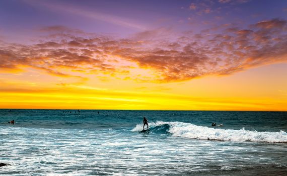 Silhouette surfer riding ocean waves in Bali Indonesia surfboard on a beach at sunset.