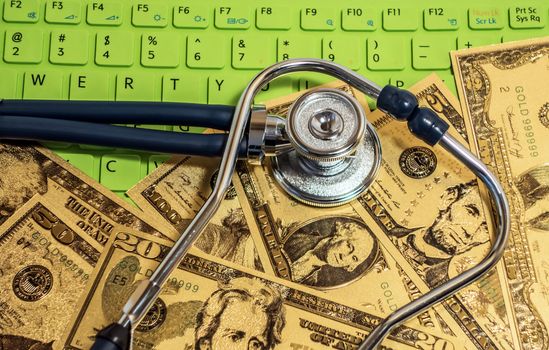 Stethoscope currency cash note bill design american dollars banknotes money gold fake background Finance business economy concept Coronavirus Covid-19