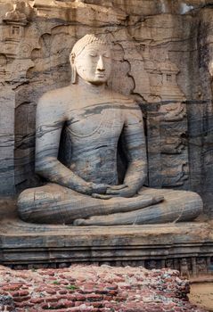 Buddha statue Close-up Sitting of the granite rock carving and sculpting arts of the ancient. Gal Vihara Polonnaruwa Sri Lanka
